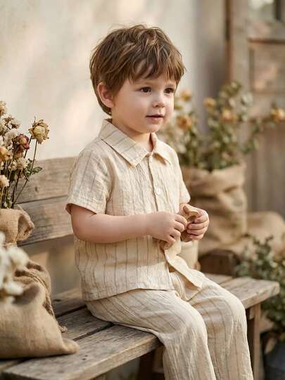 Vintaside Kids Baby Boy/Girl 2pcs Set Textured Vertical Stripe Shirt Polo Collar Short Sleeve Top + Elastic Waist Pants, Suitable For Spring/Summer Casual, Outdoor, Travel, And Holiday Wear