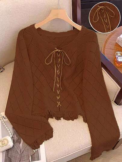 Franclia 时尚博主灵感撞色系带镂空花卉流苏套头毛衣，欧美新品