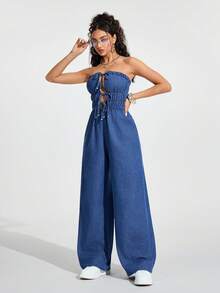 Jeanoix Bộ jumpsuit denim ống rộng gợi cảm, thắt dây phía trước, hở lưng, có bèo nhún dành cho nữ. - Màu xanh lam - Xem 5