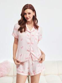 2 件套女士格子蝴蝶结印花 V 领纽扣装饰短袖上衣和裤子睡衣套装，舒适家居服适合夏季，两件套 - 淺粉色 - 查看 5