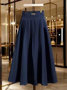 Modelyn New Korean OL Style High Waist Pleated A-Line Long Skirt - Navy Blue - View 3