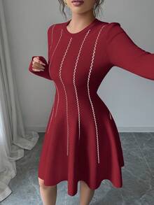 SHEIN Elenzya 秋冬韩版优雅撞色圆领长袖收腰短款泡泡袖连衣裙 - 紅色 - 查看 6