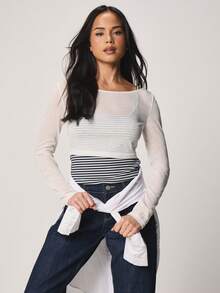 MISSGUIDED Layered Long Sleeve Off Shoulder Mesh Top With Striped Design Perfect For Casual Spring Summer - Multicolor - View 1