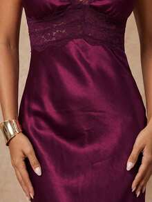 Lumalex Đầm hai dây hở lưng gợi cảm màu trơn phối ren dành cho nữ - Màu đỏ tím - Xem 9