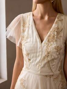 MOTF Soiréza 女士春季亮片刺绣浪漫喇叭裙摆网纱派对连衣裙 - 香檳色 - 查看 3