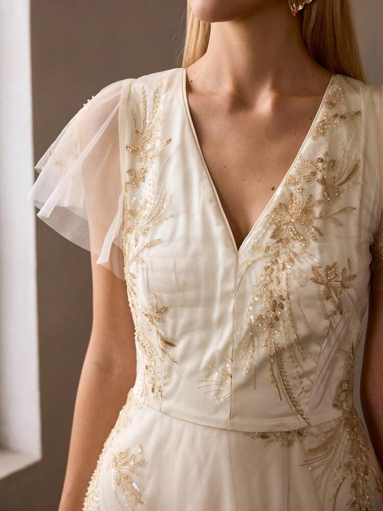 MOTF Soiréza WOMEN'S SPRING SEQUIN EMBROIDERED ROMANTIC FLARE HEM MESH PARTY DRESS