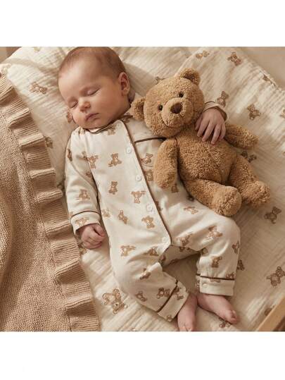 Loomiva Newborn Baby Girl Cartoon Animal Pattern Knitted Soft Collar Long Sleeve Romper With Pants