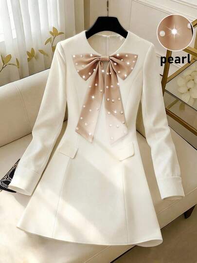 GlowEve 女士梭织面料圆领撞色缎面珍珠蝴蝶结肩部装饰长袖收腰带口袋A字短款优雅派对圣诞节情人节鸡尾酒会连衣裙，秋冬春季