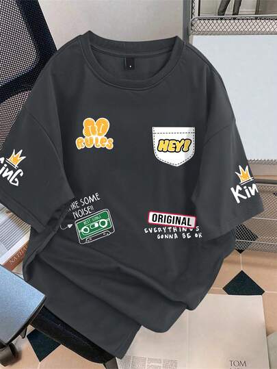 Claim Dot Camiseta holgada de hombre con gráfico de dibujos animados y eslogan de hombros caídos