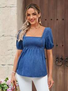 SHEIN Fashionable Casual Vacation Maternity Wear Cute Backless Bow Denim Blouse, Spring/Summer - Blue - View 3