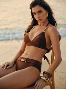 Swim Chiccia 女士夏季沙滩金属链条纯色吊带系带性感比基尼泳衣套装 - 棕色 - 查看 1