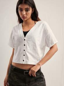 Easelle Casual Slim Fit White Cotton Women's T-Shirt With Front Buttons, White, Spring/Summer, Versatile, Retro, Casual - White - View 6