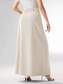 Heiryn 女士纯色腰部纽扣设计休闲通勤裙 - 米色 - 查看 2