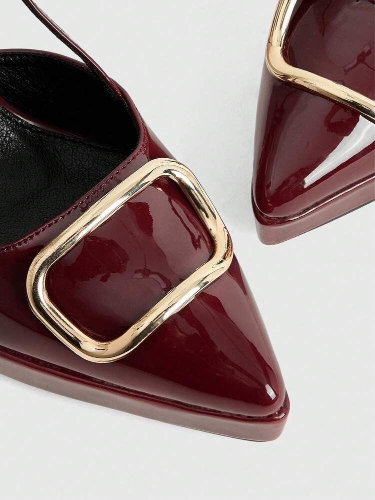 CUCCOO LuxiPop Women's Pointed Toe High Heel Waterproof Platform Shoes, Gold Buckle Decor, PU Leather, Fashionable Minimalist Design, Comfortable For Daily, Party, And Banquet Wear, Open Heel Slip-On Valentine's Day