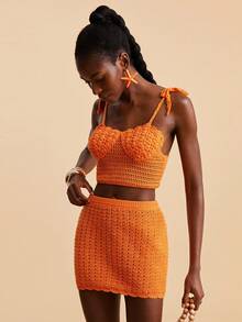 Travachic Women's Summer Sexy Beach Vacation Knotted Shoulder Pointelle Knit Sweater 2 Pieces Set - Orange - View 3