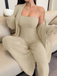 DAZY 3pcs/Set Faux Fur Robe, Camisole & Pants Women Pajama Set, Winter - Beige - View 3