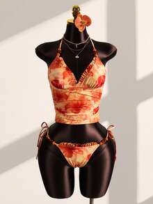 Zestiva Women's Summer New Beach Vacation Cute Random Floral Print Lace Trim Tankini Swimwear Two Pieces Set, Sexy Tie-Up Triangle Bottom Tankini Swimwear - Multicolor - View 2