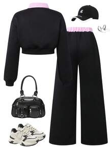 Sparklyn 两件套少女双腰带裤装，休闲两件套，长袖宽松露脐上衣搭配直筒裤，适合春、秋、冬日常穿着，饰有刺绣和贴布装饰 - 黑色 - 查看 2