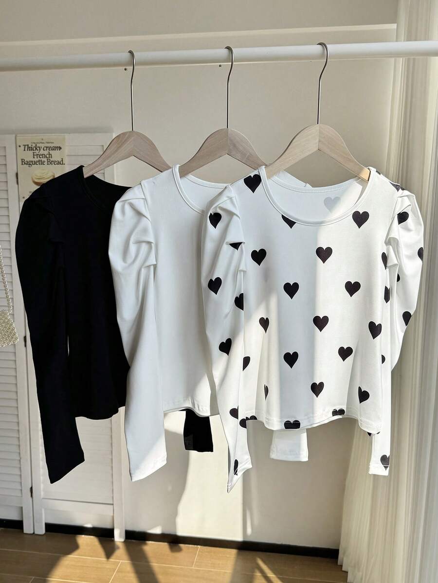 Set de 3 blusas de manga larga con cuello redondo y manga abullonada para niñas, de estilo casual y versátil a lunares blanco y negro, para primavera/verano - Multicolor - Ver 1