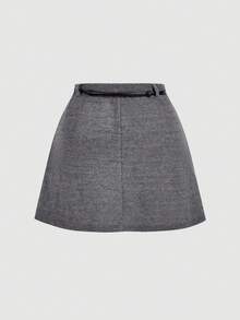 SHEIN MOD 大码灰色高腰A字裙，配金属腰带，针织抓绒面料，适合秋冬春季穿着 - 深灰色 - 查看 2