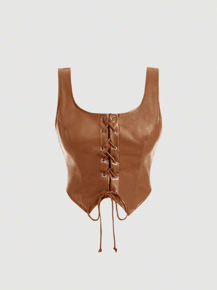 SHEIN MOD 大码女式镂空纽扣不对称下摆前系带哑光优质皮革背心，内外皆可穿，棕色皮革束身胸衣系带上衣棕色皮革系带上衣 - 咖啡棕 - 查看 1