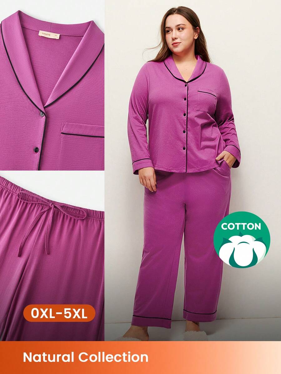 LUVLETTE Conjunto de pijama de algodón 100% puro suave con pantalón y top con botones y ribete de contraste para tallas grandes - Morado - Ver 1