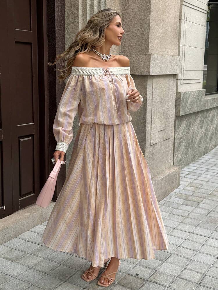 Spring & Summer Lace Patchwork Loose Casual Textured Pleated Pink Striped Romantic Wedding Beach Vacation Off-Shoulder Crop Top & Flared Skirt 2-Piece Set For Women