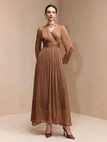 Arave Elegant French V-Neck Flare Sleeve Dress - Brown - View 6