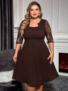 Reflora 大码女式撞色蕾丝七分袖优雅时尚连衣裙 - 棕色 - 查看 4