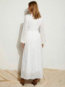 COSMINA 白色刺绣灯笼袖V领腰部褶皱开衩下摆连衣裙，波西米亚风度假连衣裙，优雅休闲浪漫度假连衣裙 - 白色 - 查看 2