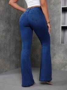 SHEIN Tall 女士休闲百搭水洗修身喇叭牛仔裤 - 深色水洗藍 - 查看 2