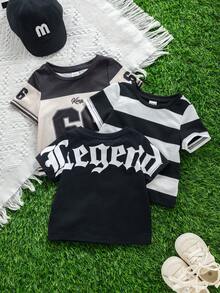 SHEIN 3件套男女宝宝休闲撞色短袖T恤针织上衣套装，春夏宝宝服装，街头风 - 黑色 - 查看 7