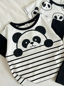 SHEIN 2件套男女童可爱熊猫印花短袖T恤和短裤睡衣套装，休闲家居服，适合日常穿着和户外活动，春夏款 - 黑與白 - 查看 6