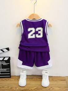 SHEIN Genkimix Kids Seragam Basket Anak Laki-Laki: Tank Top dan Celana Pendek Bermuda dengan Kerah Bulat dan Motif Grafis untuk Anak-Anak - Purple - View 3