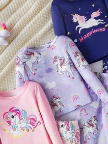 3 件套年轻女孩独角兽印花简约全印花紧身裤和长袖贴身家居睡衣套装 - 彩色 - 查看 5