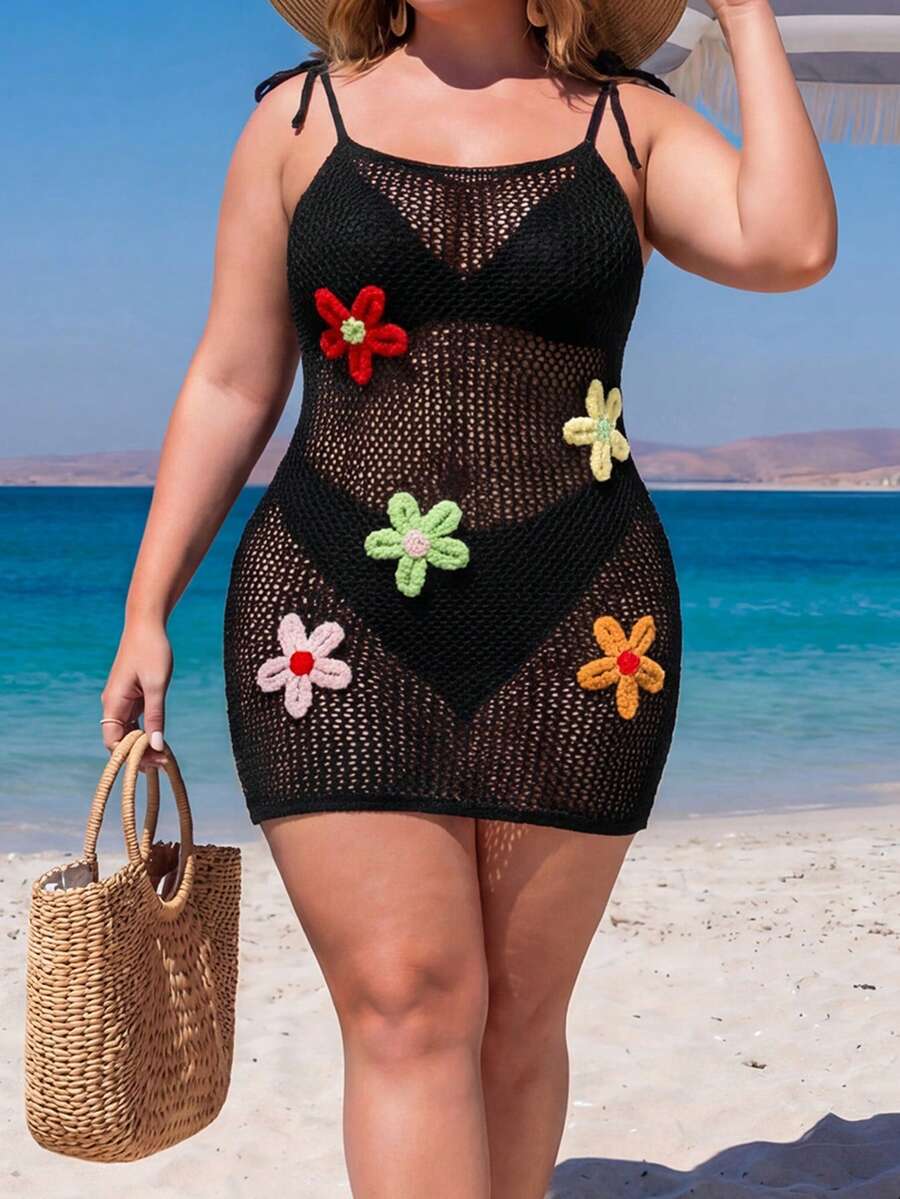 Swim Lushoire 大码钩针镂空彩色花卉度假风罩衫 - 黑色 - 查看 1