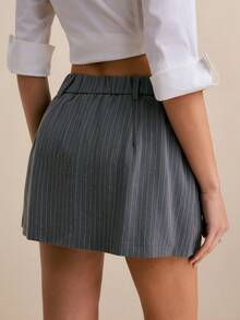 Poéselle 女士细条纹工装口袋短裙，低腰修身办公风 Y2K 街头风短裙，工装口袋裙，Y2K 灰色细条纹时尚，学院风街头条纹休闲百搭通勤裤 - 棕色 - 查看 4