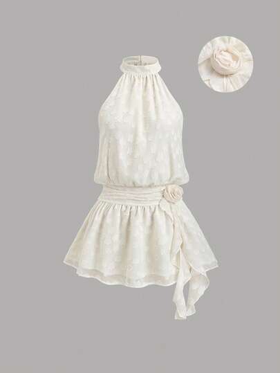 Sweetra Women's Sweet Casual Daily Versatile Fashion Outing Party Textured Fabric Floral 3D Floral Decor Sleeveless Apricot Mini Dress, Spring/Summer