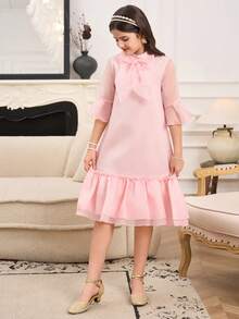 Đầm thanh lịch màu trơn có nơ trang trí và viền bèo cho bé gái tuổi teen - Màu xanh lam - Xem 3