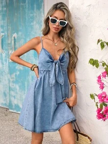 Vivid Eden Rochie camisol din denim pentru femei, stil casual de vară, cu talie nodată în față, stil vacanță - Spălare ușoară - Vizualizare 2