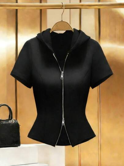 GlowEve CURVE Plus Size Women Casual Hooded Short Sleeve T-Shirt, Fitted Zip-Up Cardigan Jacket