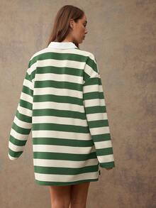 WESTFADE Striped Waffle Knit Long Sleeve Mini Polo Dress - Green - View 2