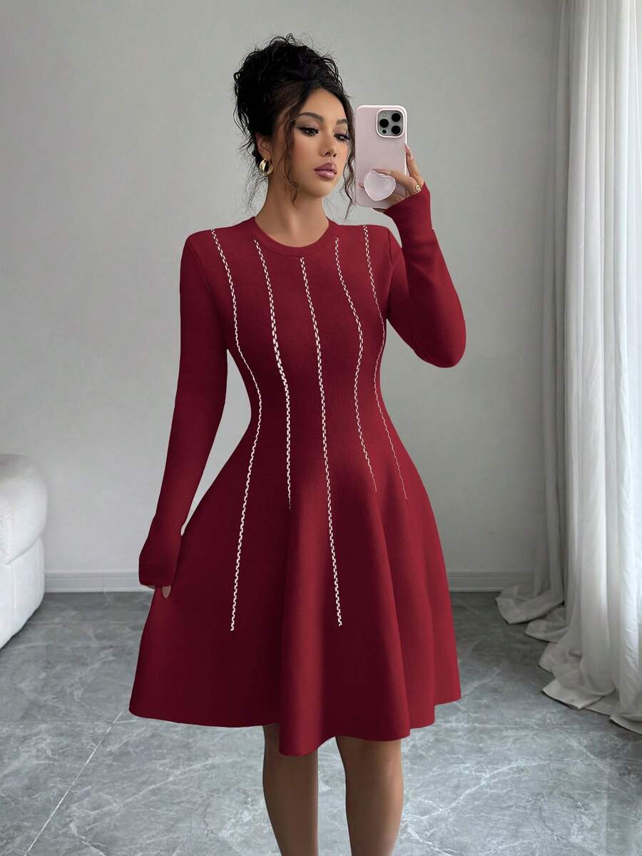 SHEIN Elenzya 秋冬韩版优雅撞色圆领长袖收腰短款泡泡袖连衣裙 - 紅色 - 查看 1