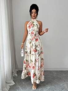 Elenzga 女士杏色底多色印花面料露背无袖高端设计收腰喇叭连衣裙，优雅精致，适合情人节、复活节、狂欢节、劳动节、生日礼物、约会、派对、正式场合、教师装、活力造型、旅行度假、春夏穿着。 - 彩色 - 查看 4