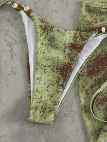 Swim Vcay 3pcs/Set Green Micro Triangle Beaded Ruched Mini Skirt, Casual Beach Vacation Bikini Swimsuit, Spring/Summer - Green - View 6