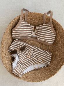 Swim Chiccia 2026春夏棕色粗肩带可调节金色U型装饰高腰亮片设计女士优雅比基尼泳装两件套 - 棕色 - 查看 3