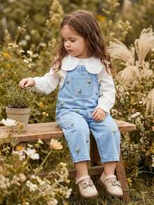 女婴休闲花卉刺绣口袋荷叶边牛仔背带裤，夏季 - 中等水洗藍 - 查看 8