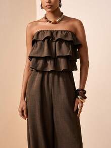 Zivah 女士纯色荷叶边拼接复古休闲连体裤阔腿裤 - 咖啡棕 - 查看 8