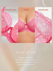 LUVLETTE Plus Full Coverage Breathable Unlined  Pink Lace Elegance & Mesh Keyhole Detail Lingerie Lounge Curve Sheer Minimizer Bridal Intimates Romantic  Valentine's Day GiftsBra - Hot Pink - View 8