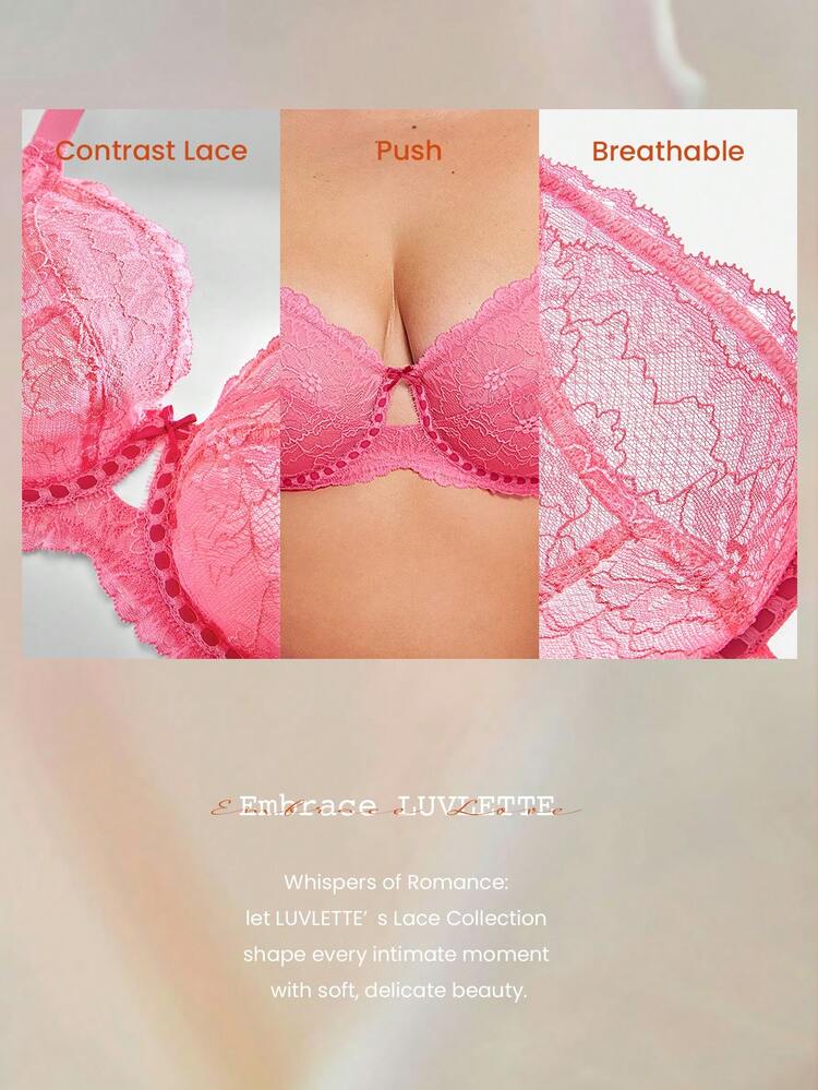 Soutien-gorge de lingerie d'intimité romantique pour la Saint-Valentin, avec une couverture complète, respirant, sans doublure, en dentelle rose élégante et détail de trou de serrure en maille, pour les courbes, effet minimisateur, cadeau